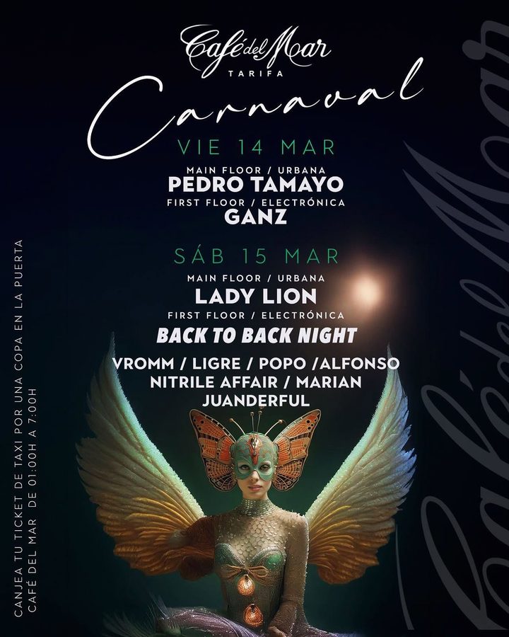 Cartel Carnaval Back to Back Night, Café del Mar Tarifa, 15 marzo 2025