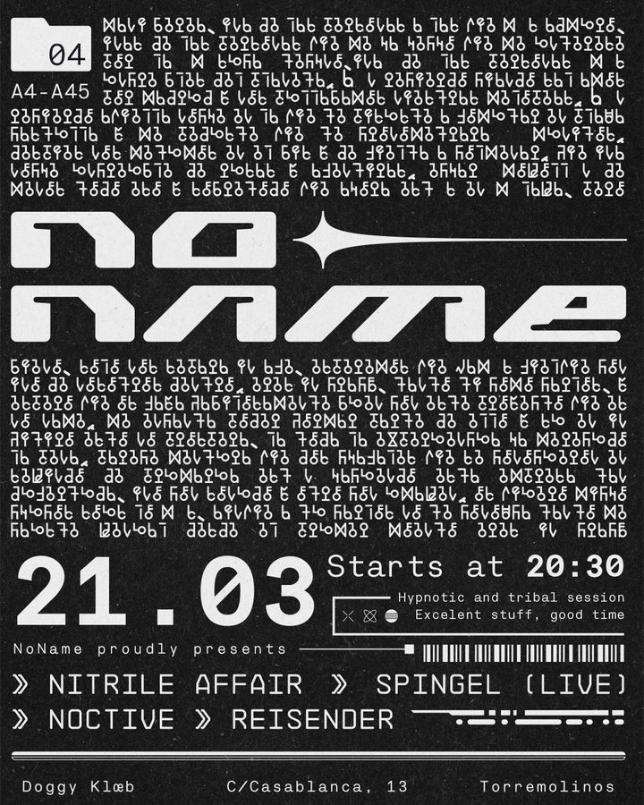Cartel NoName Showcase, Nitrile Affair + Spingel, 21 marzo, Doggy Klœb